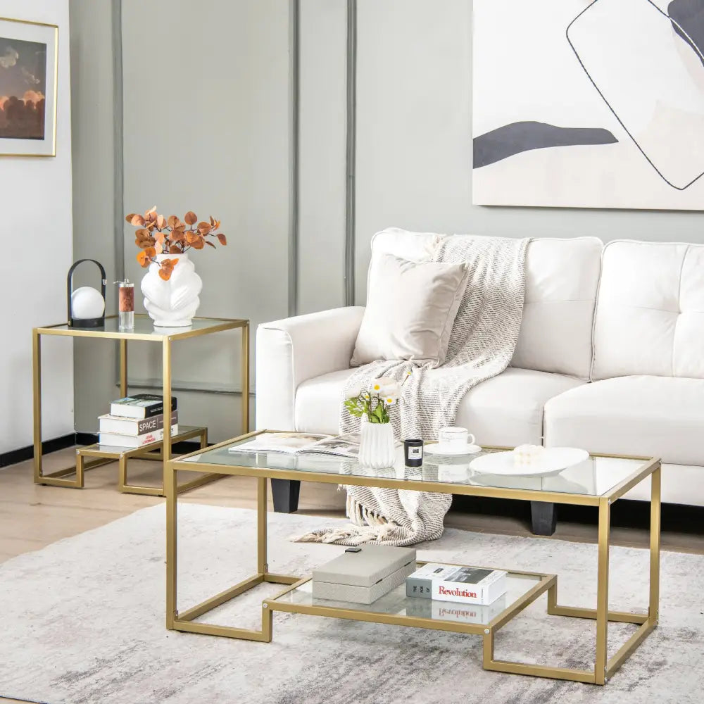 Modern 2-Tier Rectangular Coffee Table with Glass Table Top-Golden - Golden - Coffee Tables