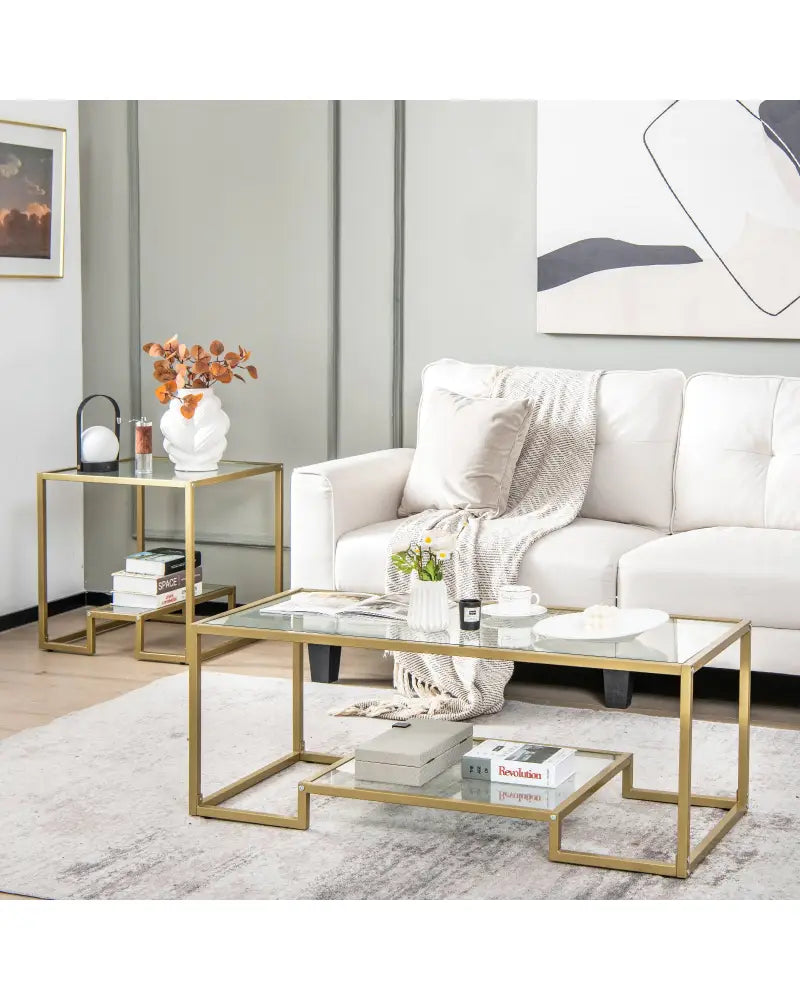 Modern 2-Tier Rectangular Coffee Table with Glass Table Top-Golden - Golden - Coffee Tables