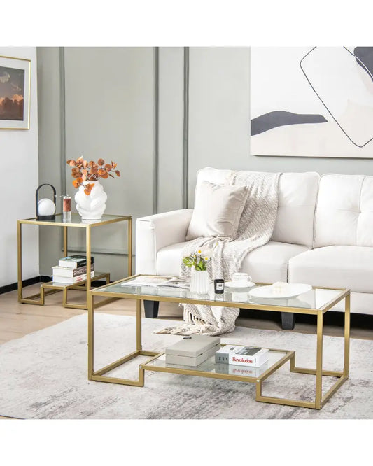 Modern 2-Tier Rectangular Coffee Table with Glass Table Top-Golden - Golden - Coffee Tables