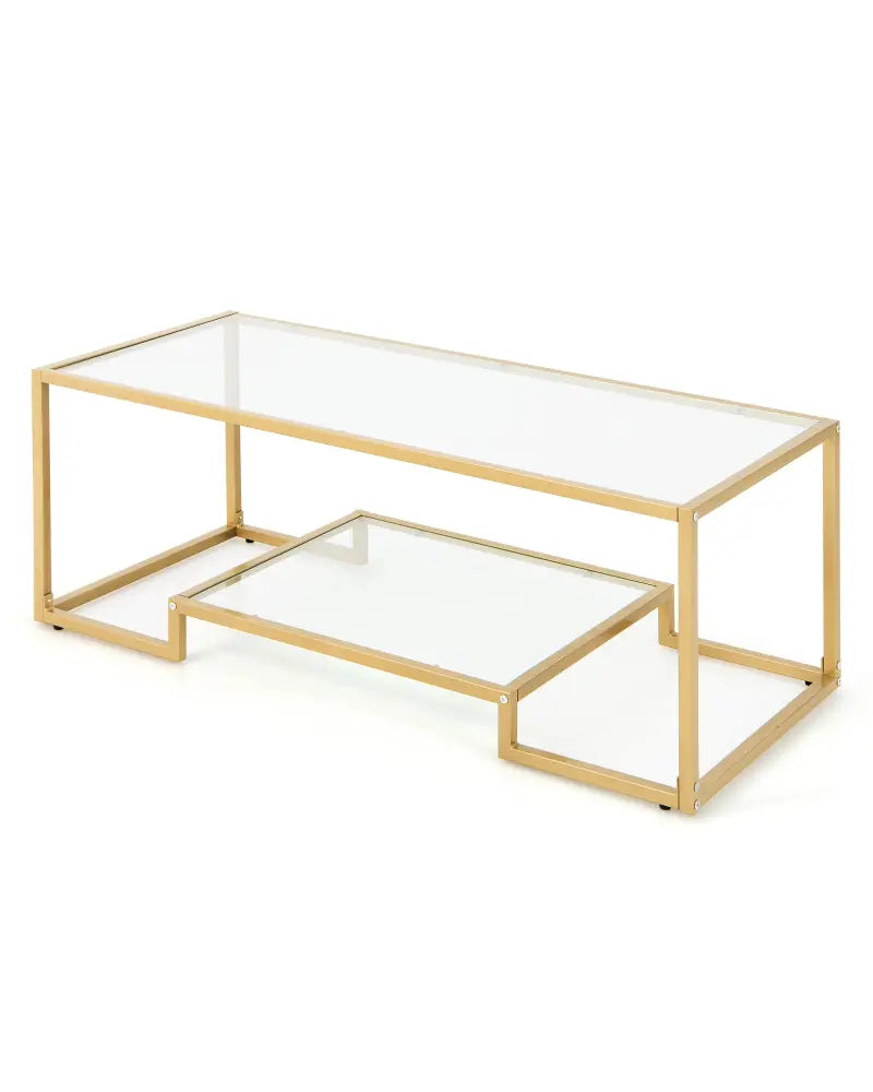 Modern 2-Tier Rectangular Coffee Table with Glass Table Top-Golden - Golden - Coffee Tables