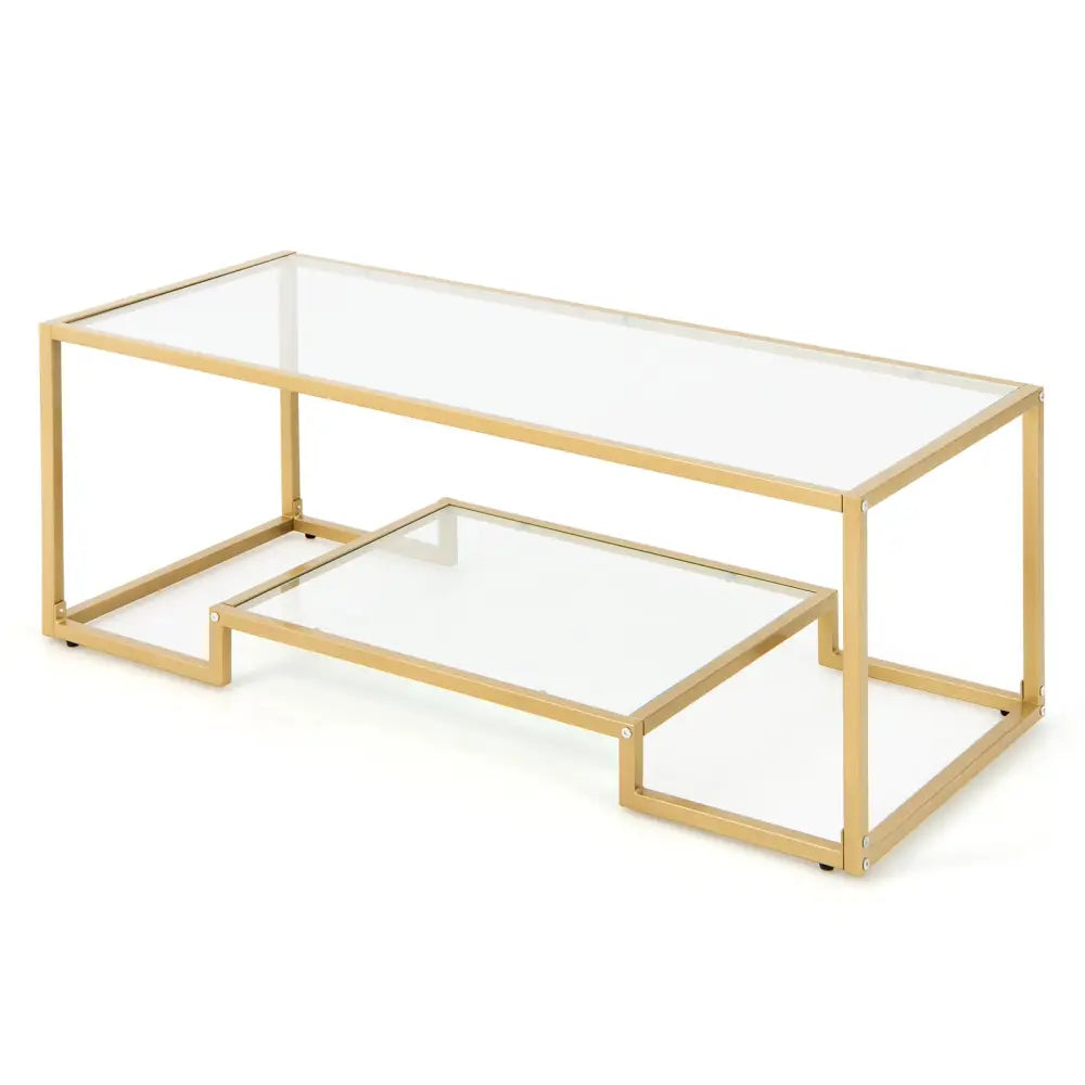 Modern 2-Tier Rectangular Coffee Table with Glass Table Top-Golden - Golden - Coffee Tables