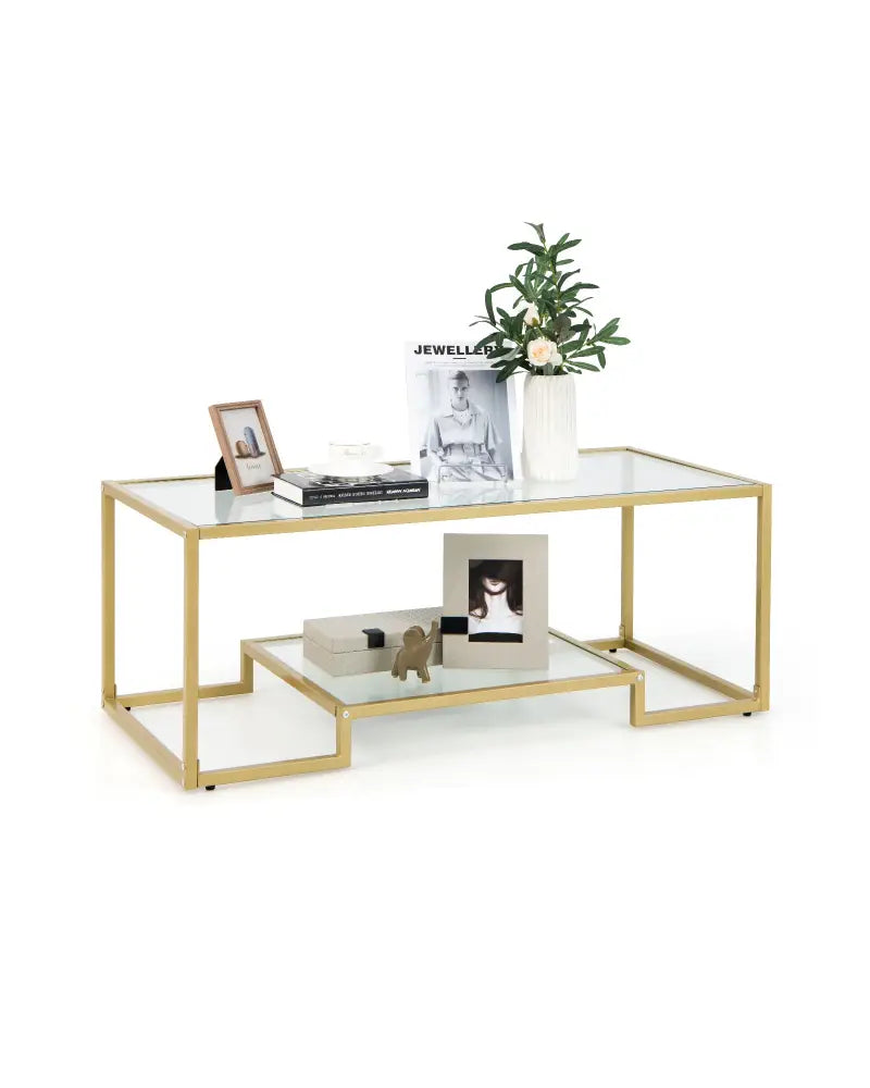 Modern 2-Tier Rectangular Coffee Table with Glass Table Top-Golden - Golden - Coffee Tables