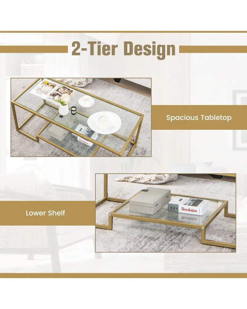 Modern 2-Tier Rectangular Coffee Table with Glass Table Top-Golden - Golden - Coffee Tables