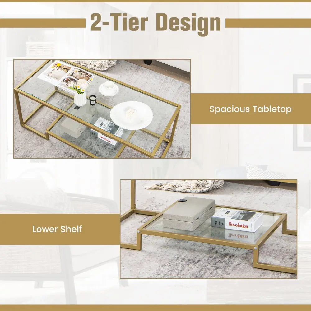Modern 2-Tier Rectangular Coffee Table with Glass Table Top-Golden - Golden - Coffee Tables