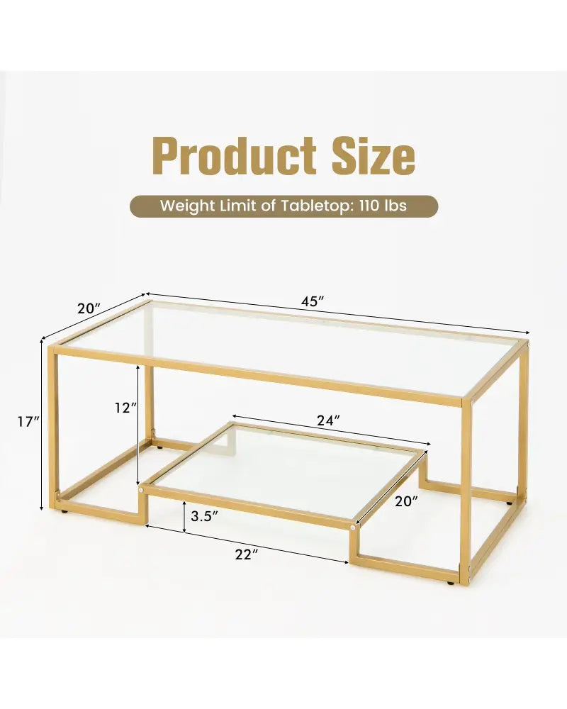 Modern 2-Tier Rectangular Coffee Table with Glass Table Top-Golden - Golden - Coffee Tables