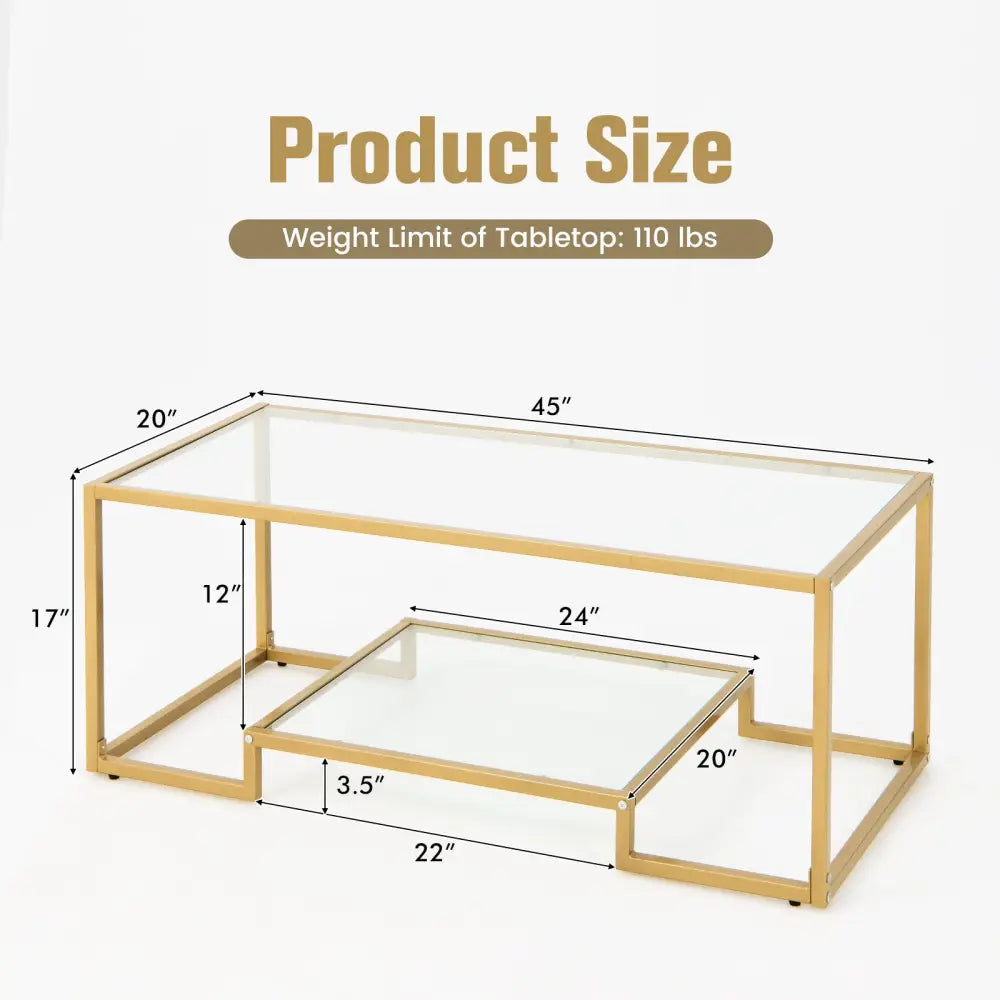 Modern 2-Tier Rectangular Coffee Table with Glass Table Top-Golden - Golden - Coffee Tables