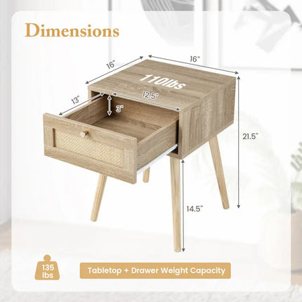 Modern 3-Piece Bedroom Furniture Set with Upholstered Queen Bed 2 Rattan Nightstands and 3-Globe Floor Lamp - Bedroom