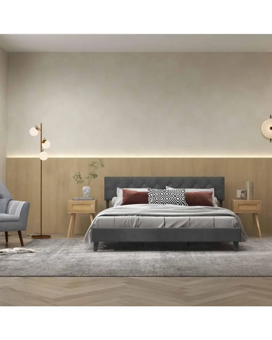 Modern 3-Piece Bedroom Furniture Set with Upholstered Queen Bed 2 Rattan Nightstands and 3-Globe Floor Lamp - Bedroom