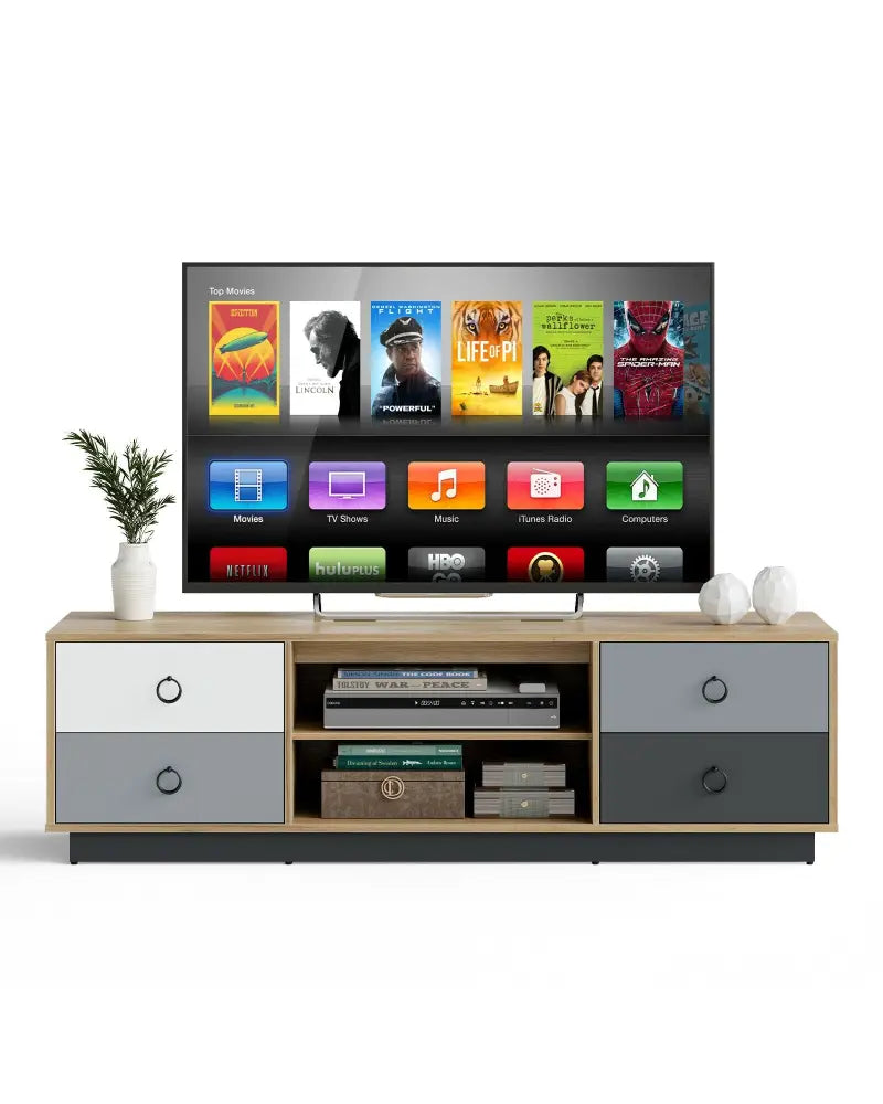 Modern 55 Inch TV Stand with 2 Storage Cabinets for TVs up to 60 Inch - Natural - Entertainment Centers & TV Stands
