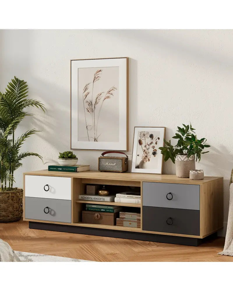 Modern 55 Inch TV Stand with 2 Storage Cabinets for TVs up to 60 Inch - Natural - Entertainment Centers & TV Stands