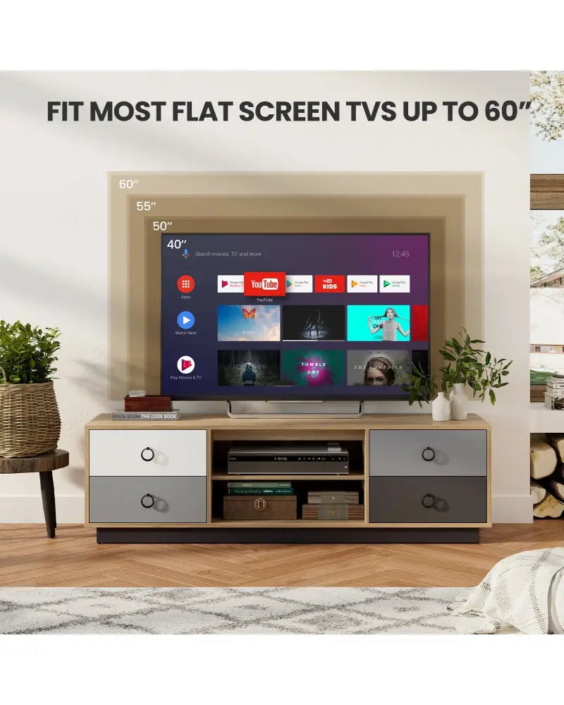 Modern 55 Inch TV Stand with 2 Storage Cabinets for TVs up to 60 Inch - Natural - Entertainment Centers & TV Stands