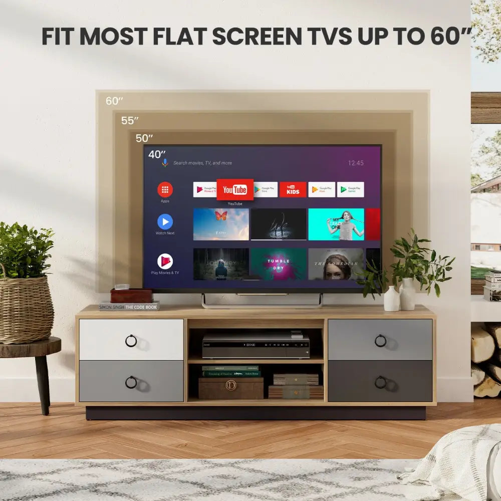Modern 55 Inch TV Stand with 2 Storage Cabinets for TVs up to 60 Inch - Natural - Entertainment Centers & TV Stands