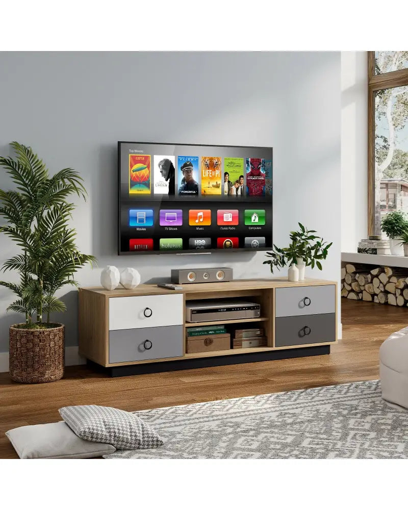 Modern 55 Inch TV Stand with 2 Storage Cabinets for TVs up to 60 Inch - Natural - Entertainment Centers & TV Stands