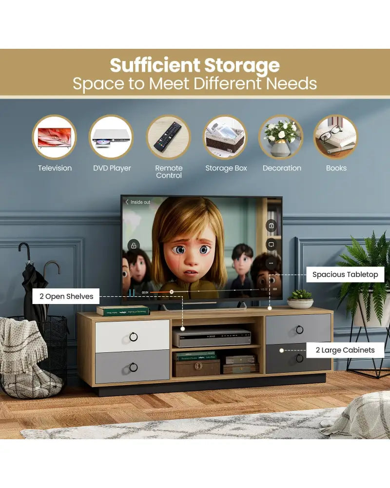 Modern 55 Inch TV Stand with 2 Storage Cabinets for TVs up to 60 Inch - Natural - Entertainment Centers & TV Stands