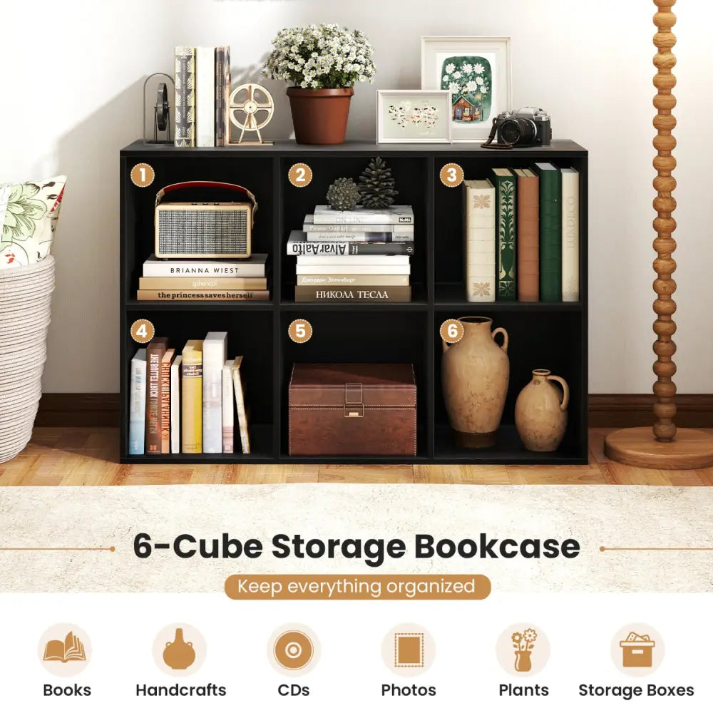 Modern 6-Cube Bookcase with Anti-tipping Kits for Bedroom Living Room-Black - Black - Bookcases