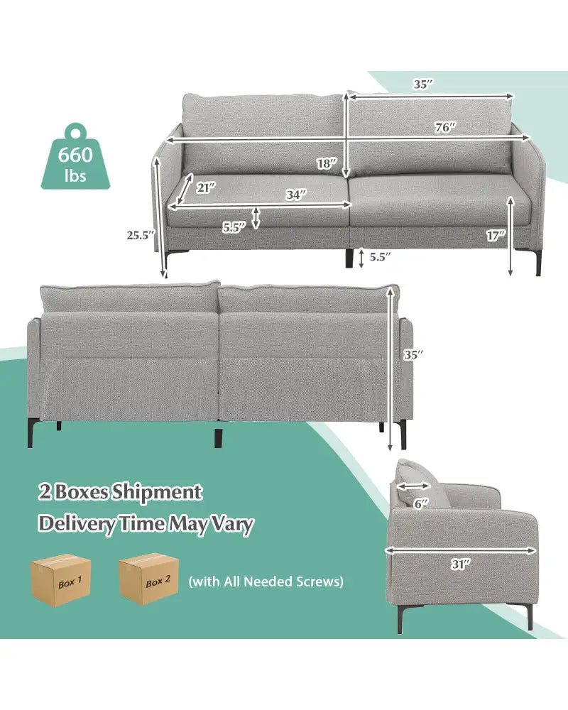 Modern 76 Inch Loveseat Sofa Couch for Apartment Dorm with Metal Legs-Gray - Gray - Sofas & Loveseats