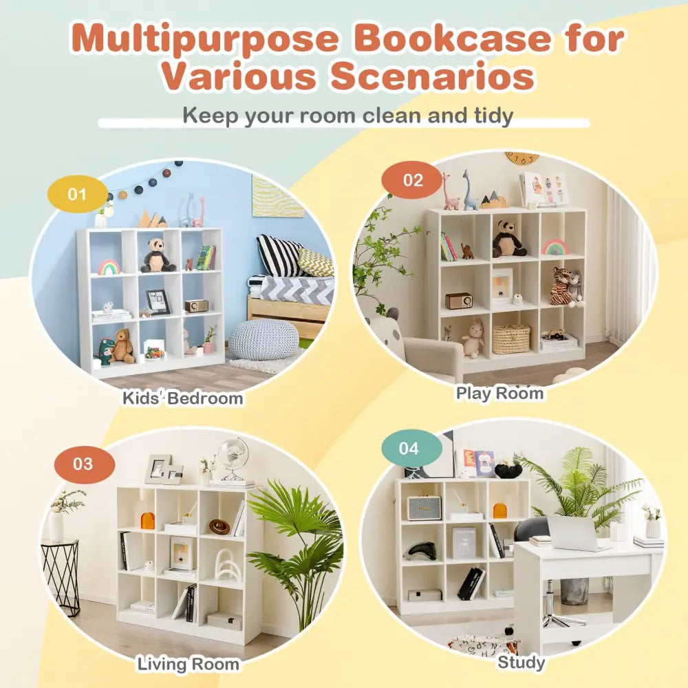 Modern 9-Cube Bookcase with 2 Anti-Tipping Kits for Books Toys Ornaments-White - White - Bookcases