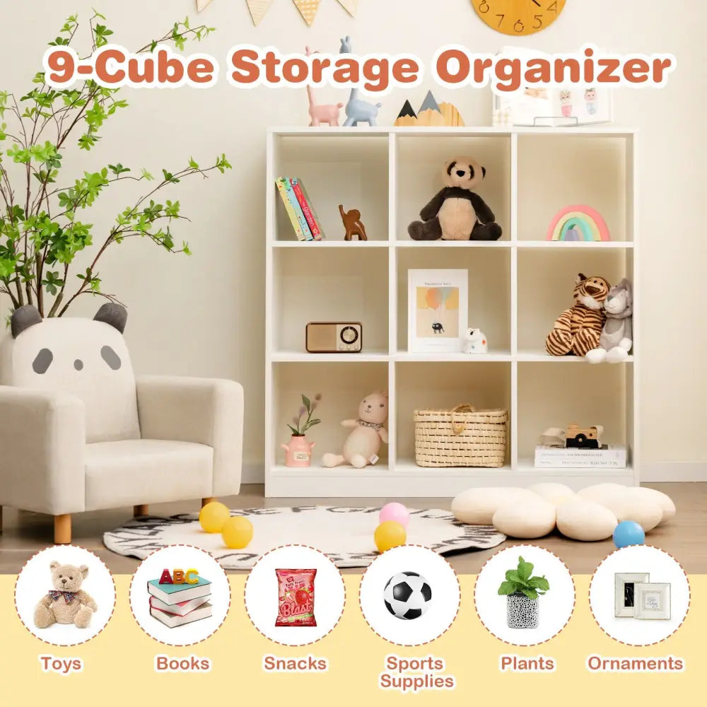 Modern 9-Cube Bookcase with 2 Anti-Tipping Kits for Books Toys Ornaments-White - White - Bookcases