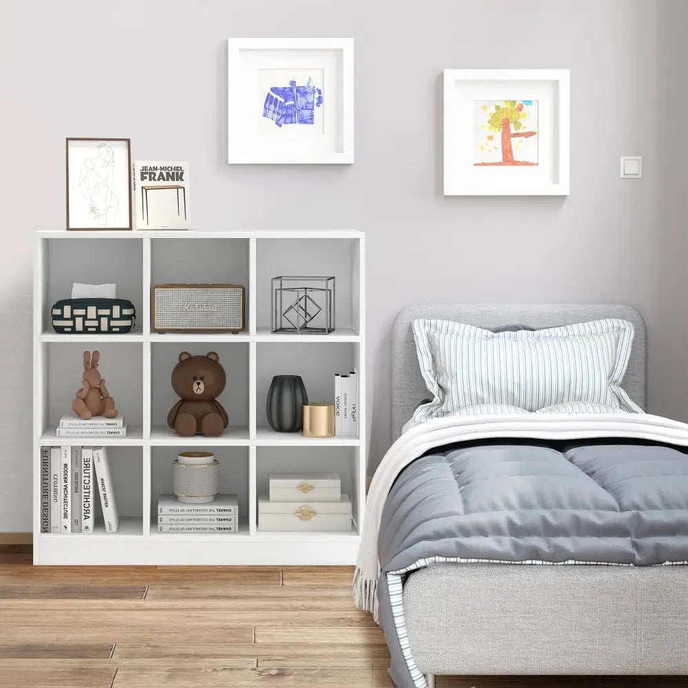 Modern 9-Cube Bookcase with 2 Anti-Tipping Kits for Books Toys Ornaments-White - White - Bookcases
