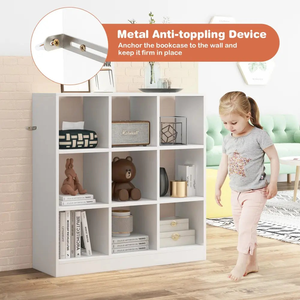 Modern 9-Cube Bookcase with 2 Anti-Tipping Kits for Books Toys Ornaments-White - White - Bookcases