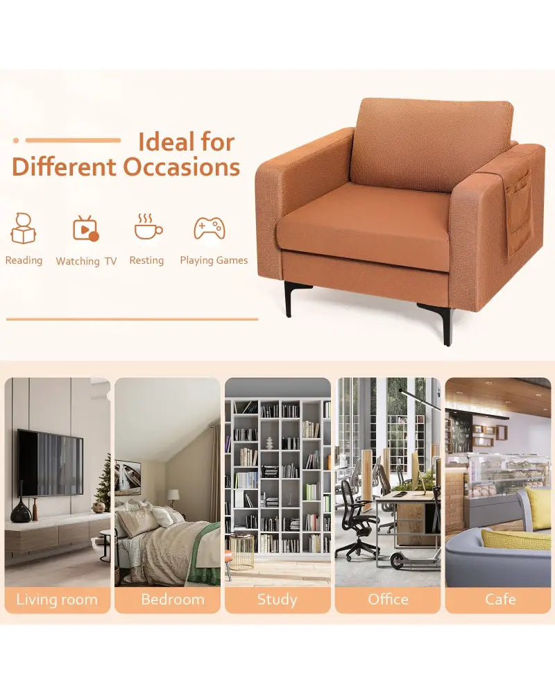 Modern Accent Armchair with Side Storage Pocket-Orange - Orange - Accent Chairs