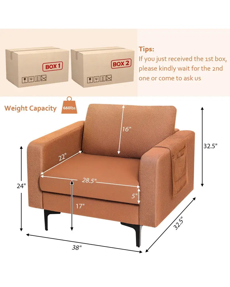 Modern Accent Armchair with Side Storage Pocket-Orange - Orange - Accent Chairs