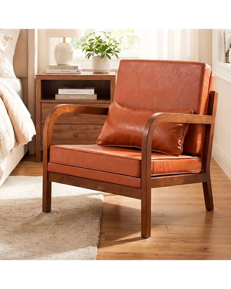 Modern Accent Chair Faux Leather Linen Fabric Upholstered Armchair-Brown - Brown - Accent Chairs