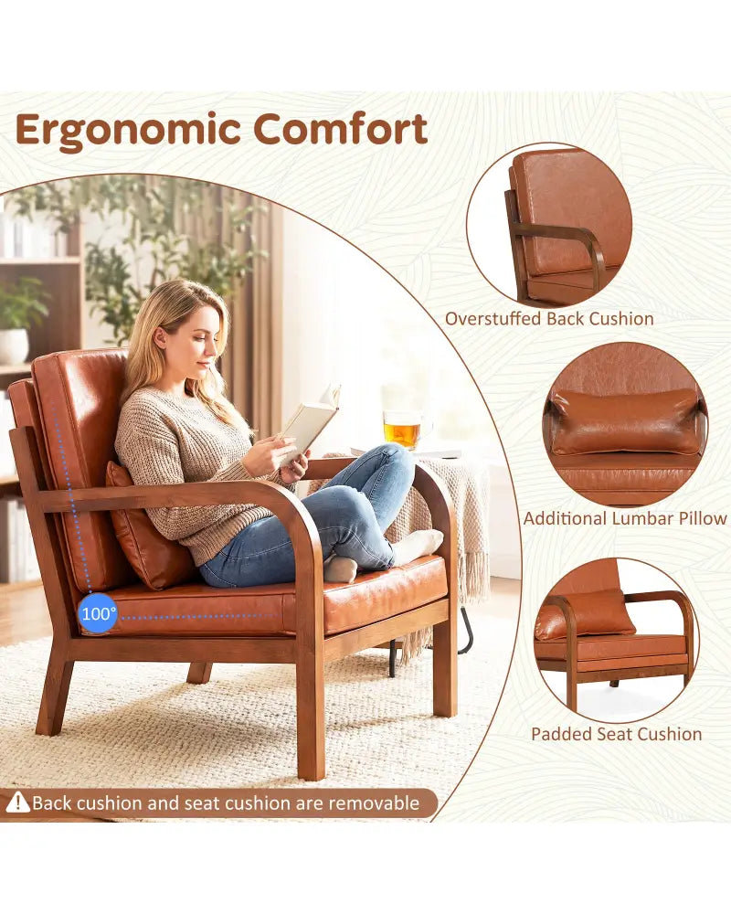 Modern Accent Chair Faux Leather Linen Fabric Upholstered Armchair-Brown - Brown - Accent Chairs