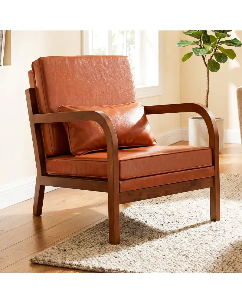 Modern Accent Chair Faux Leather Linen Fabric Upholstered Armchair-Brown - Brown - Accent Chairs