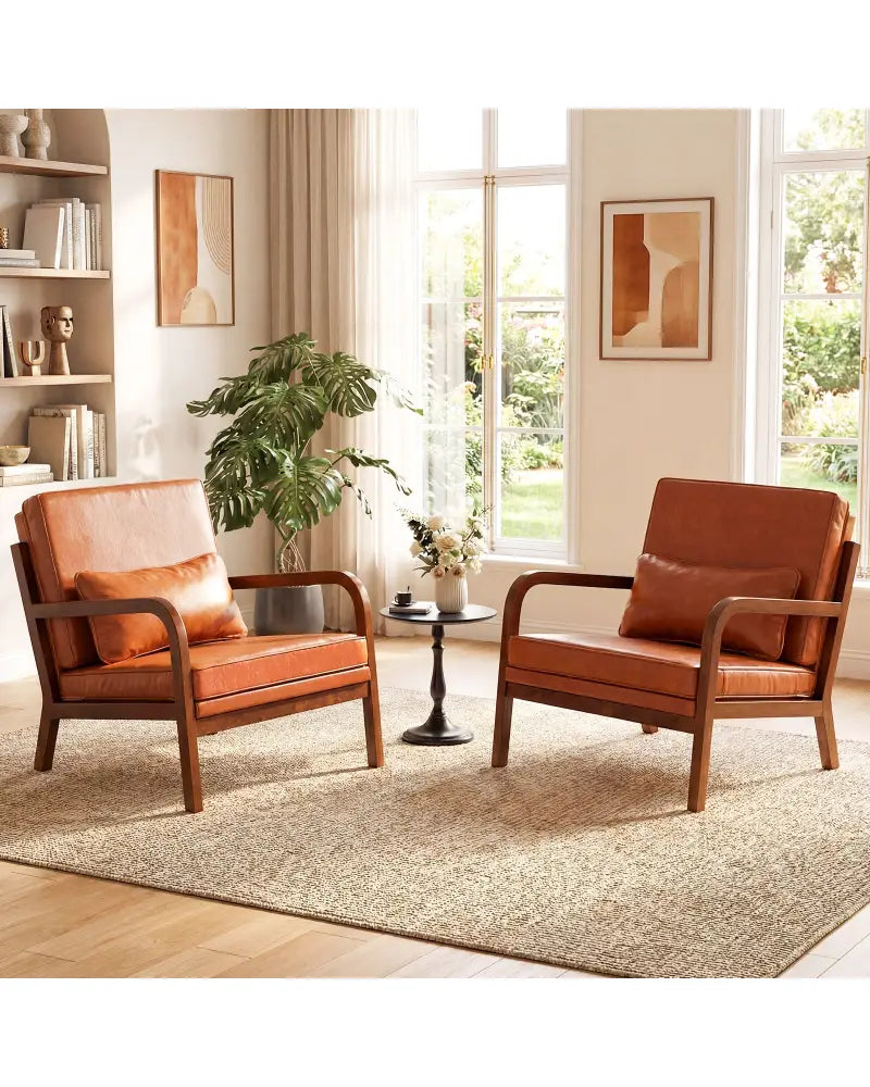 Modern Accent Chair Faux Leather Linen Fabric Upholstered Armchair-Brown - Brown - Accent Chairs