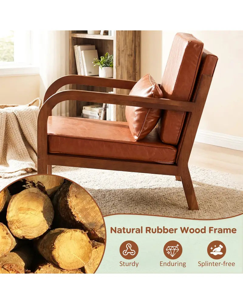 Modern Accent Chair Faux Leather Linen Fabric Upholstered Armchair-Brown - Brown - Accent Chairs