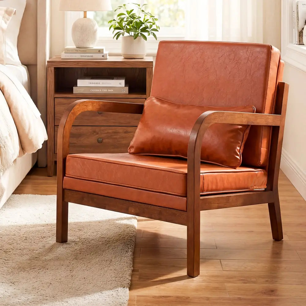 Modern Accent Chair Faux Leather Linen Fabric Upholstered Armchair-Brown - Brown - Accent Chairs
