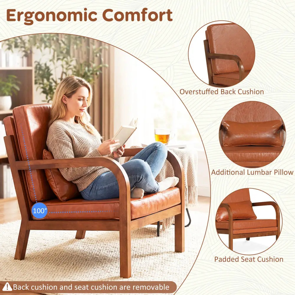 Modern Accent Chair Faux Leather Linen Fabric Upholstered Armchair-Brown - Brown - Accent Chairs