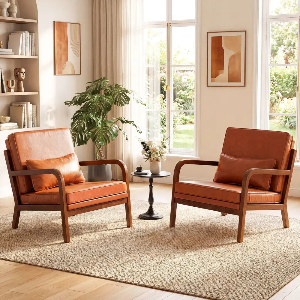 Modern Accent Chair Faux Leather Linen Fabric Upholstered Armchair-Brown - Brown - Accent Chairs