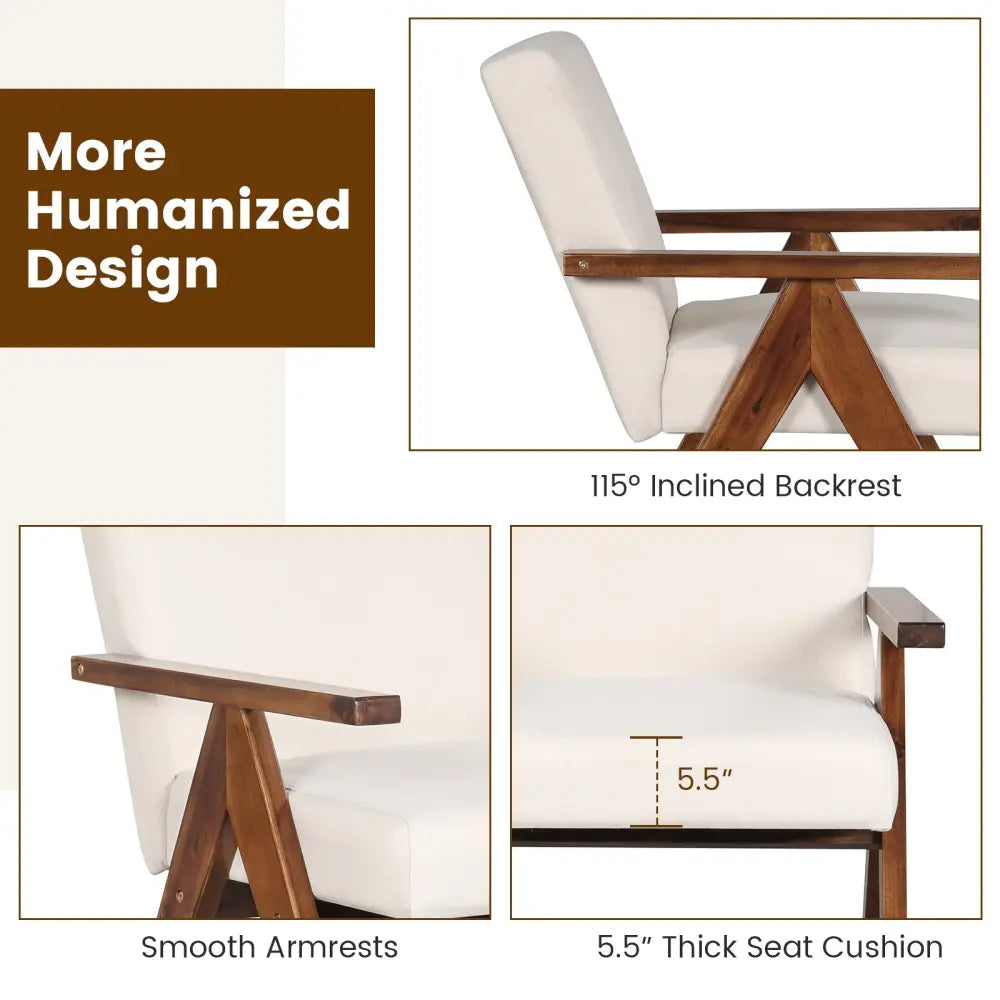 Modern Accent Chair Linen Fabric Armchair with Solid Acacia Wood Frame-Beige - Beige - Accent Chairs