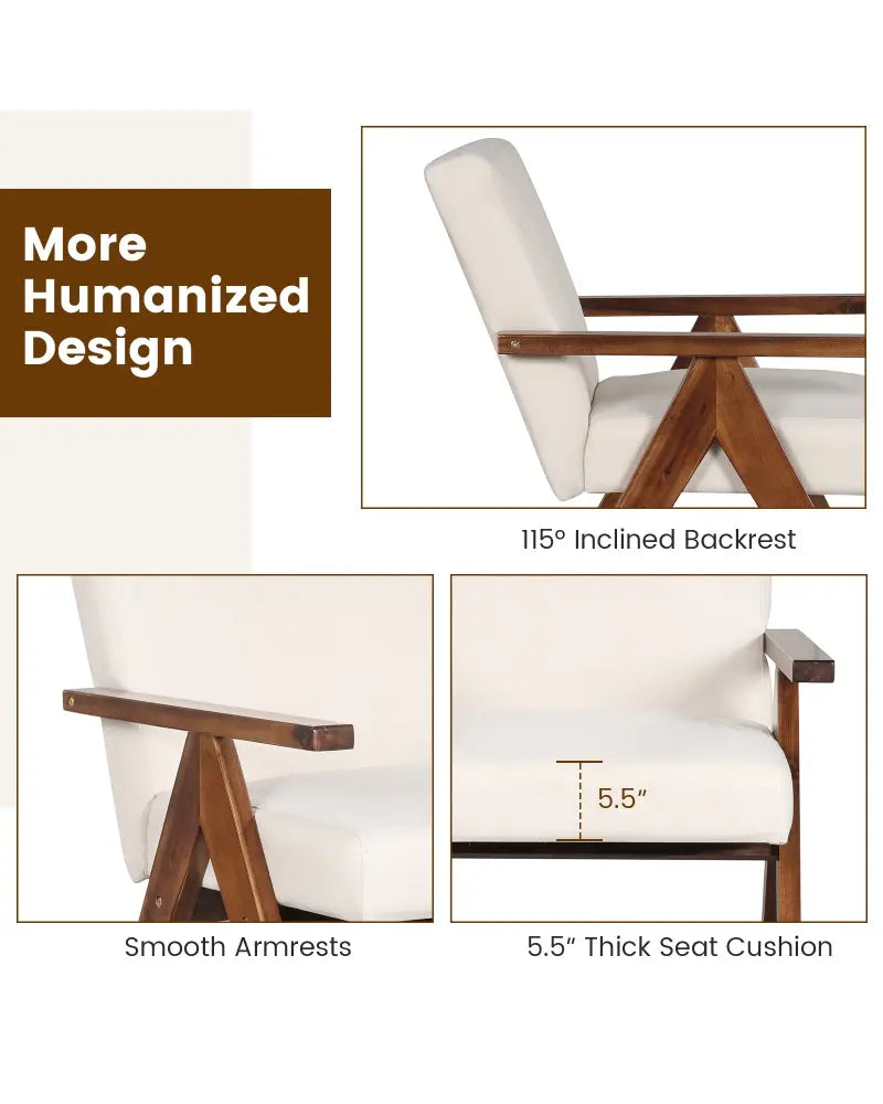 Modern Accent Chair Linen Fabric Armchair with Solid Acacia Wood Frame-Beige - Beige - Accent Chairs