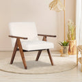 Modern Accent Chair Linen Fabric Armchair with Solid Acacia Wood Frame-Beige - Beige - Accent Chairs