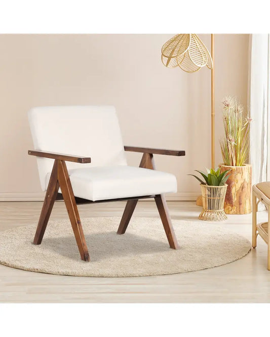 Modern Accent Chair Linen Fabric Armchair with Solid Acacia Wood Frame-Beige - Beige - Accent Chairs