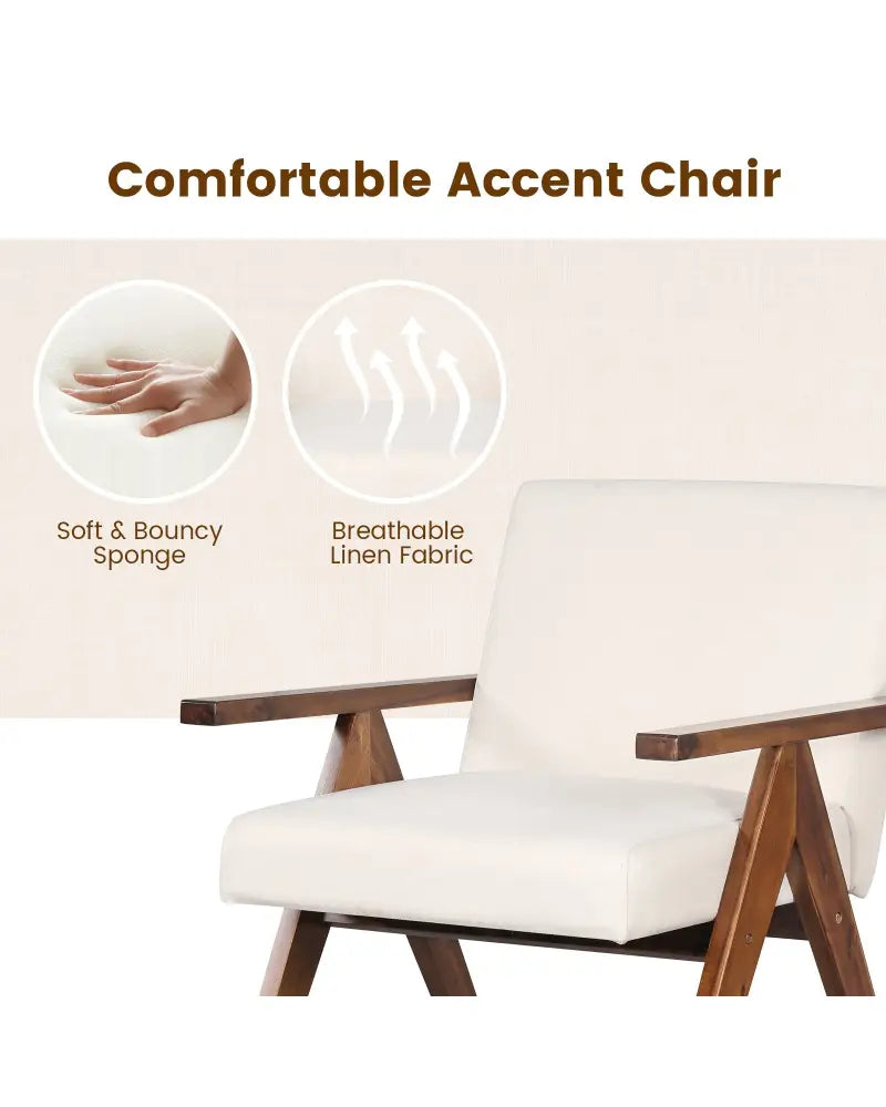 Modern Accent Chair Linen Fabric Armchair with Solid Acacia Wood Frame-Beige - Beige - Accent Chairs