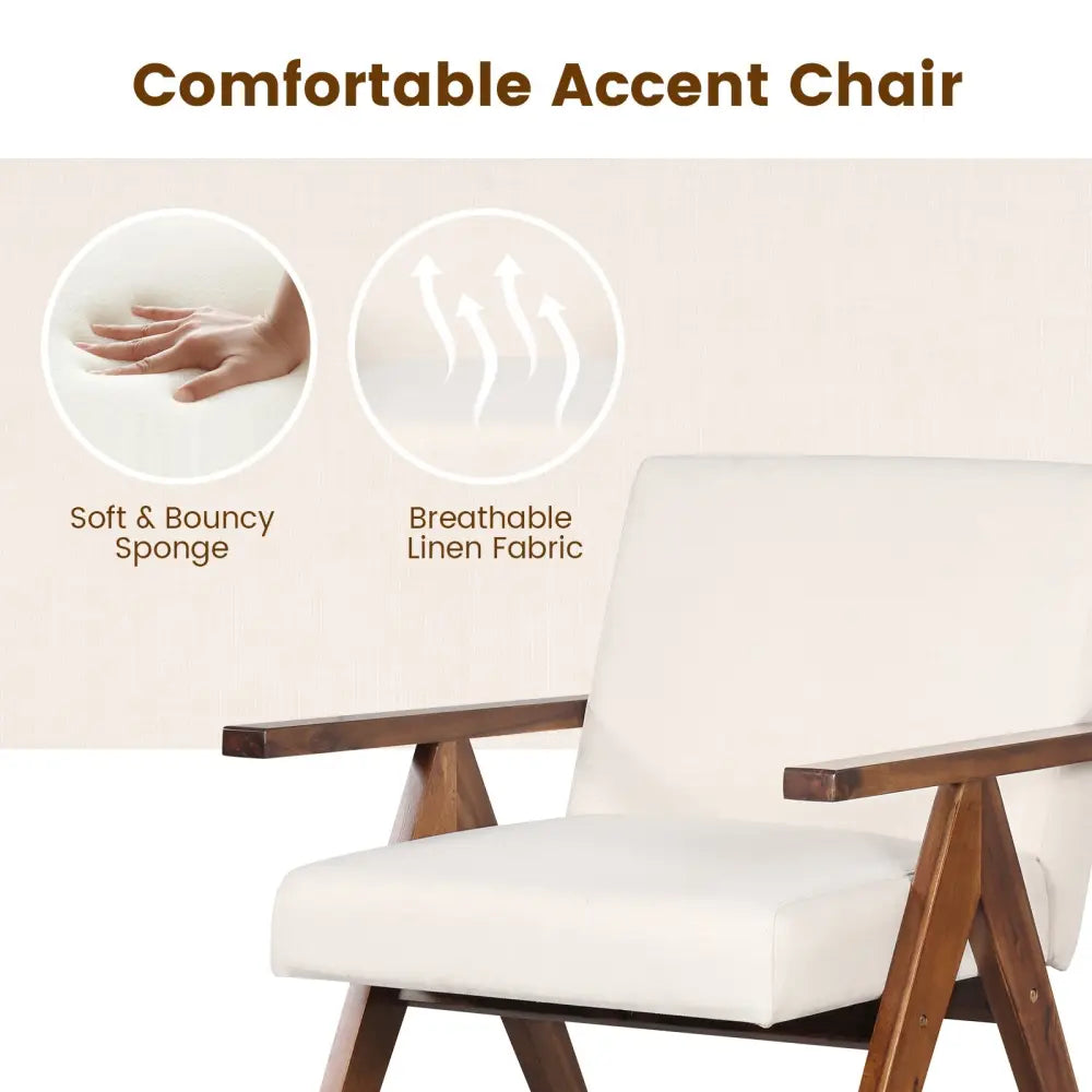 Modern Accent Chair Linen Fabric Armchair with Solid Acacia Wood Frame-Beige - Beige - Accent Chairs