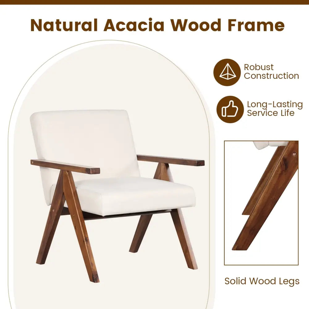 Modern Accent Chair Linen Fabric Armchair with Solid Acacia Wood Frame-Beige - Beige - Accent Chairs