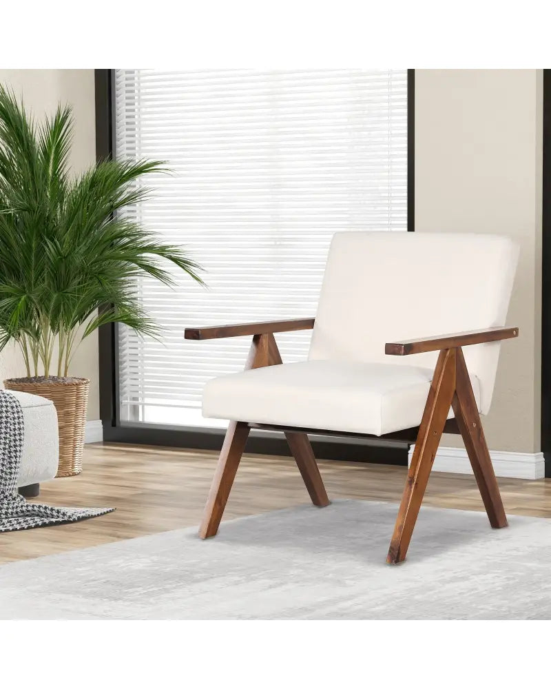 Modern Accent Chair Linen Fabric Armchair with Solid Acacia Wood Frame-Beige - Beige - Accent Chairs
