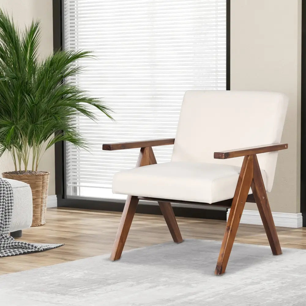 Modern Accent Chair Linen Fabric Armchair with Solid Acacia Wood Frame-Beige - Beige - Accent Chairs