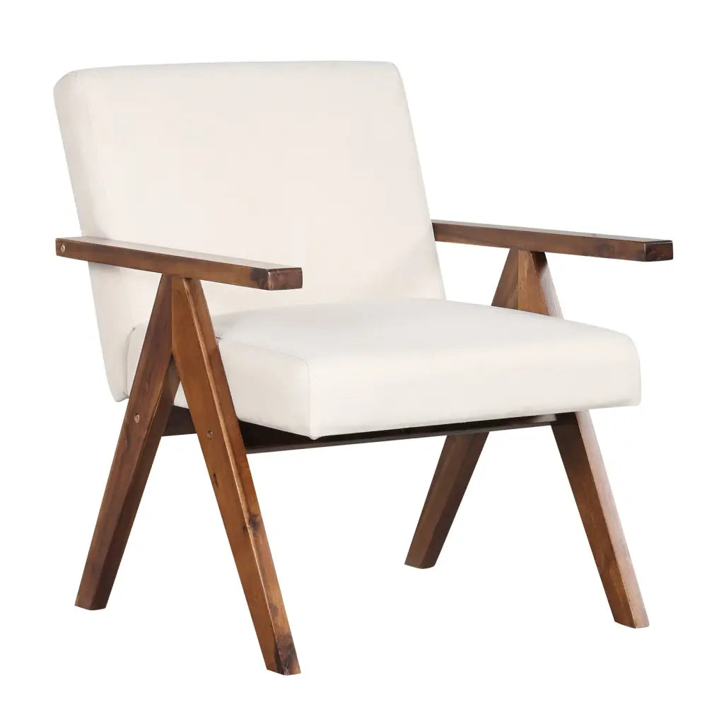 Modern Accent Chair Linen Fabric Armchair with Solid Acacia Wood Frame-Beige - Beige - Accent Chairs