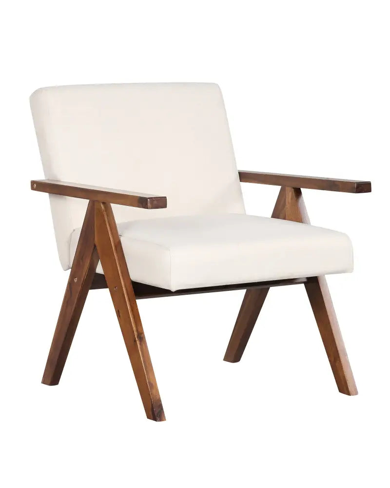 Modern Accent Chair Linen Fabric Armchair with Solid Acacia Wood Frame-Beige - Beige - Accent Chairs