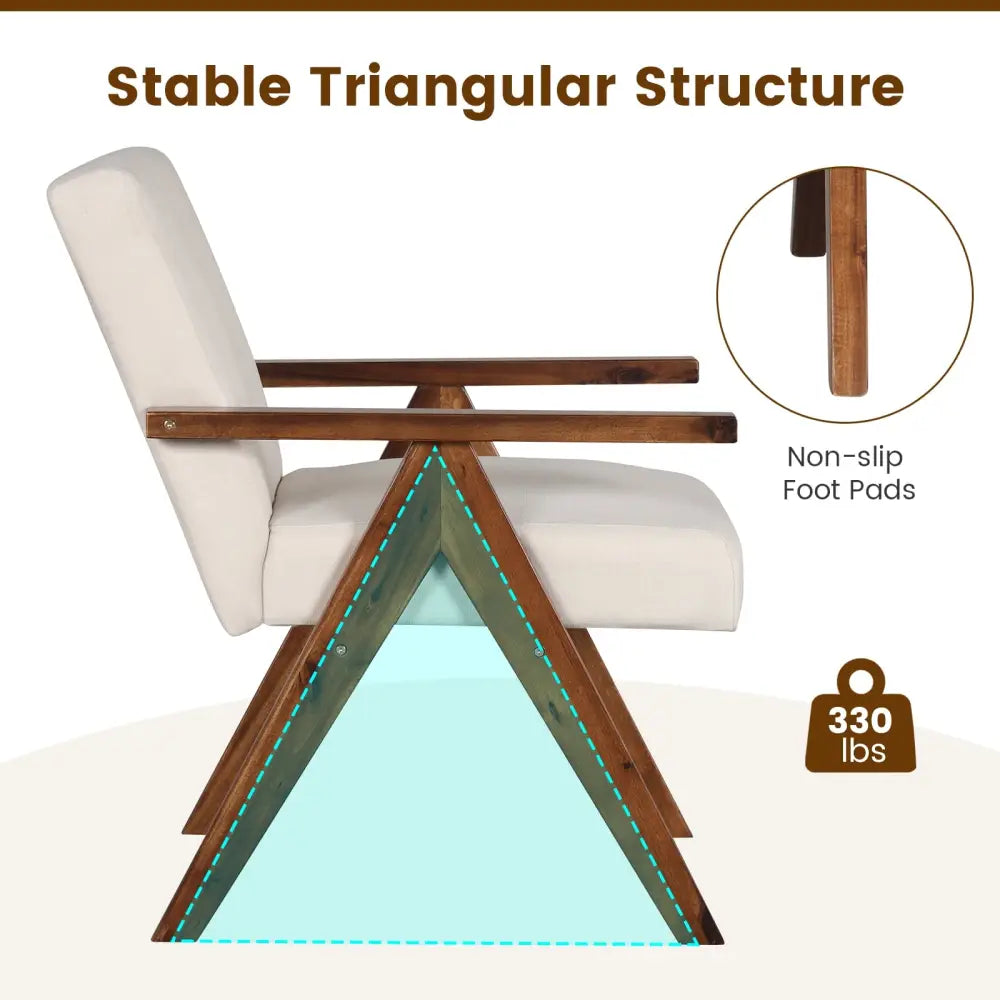 Modern Accent Chair Linen Fabric Armchair with Solid Acacia Wood Frame-Beige - Beige - Accent Chairs