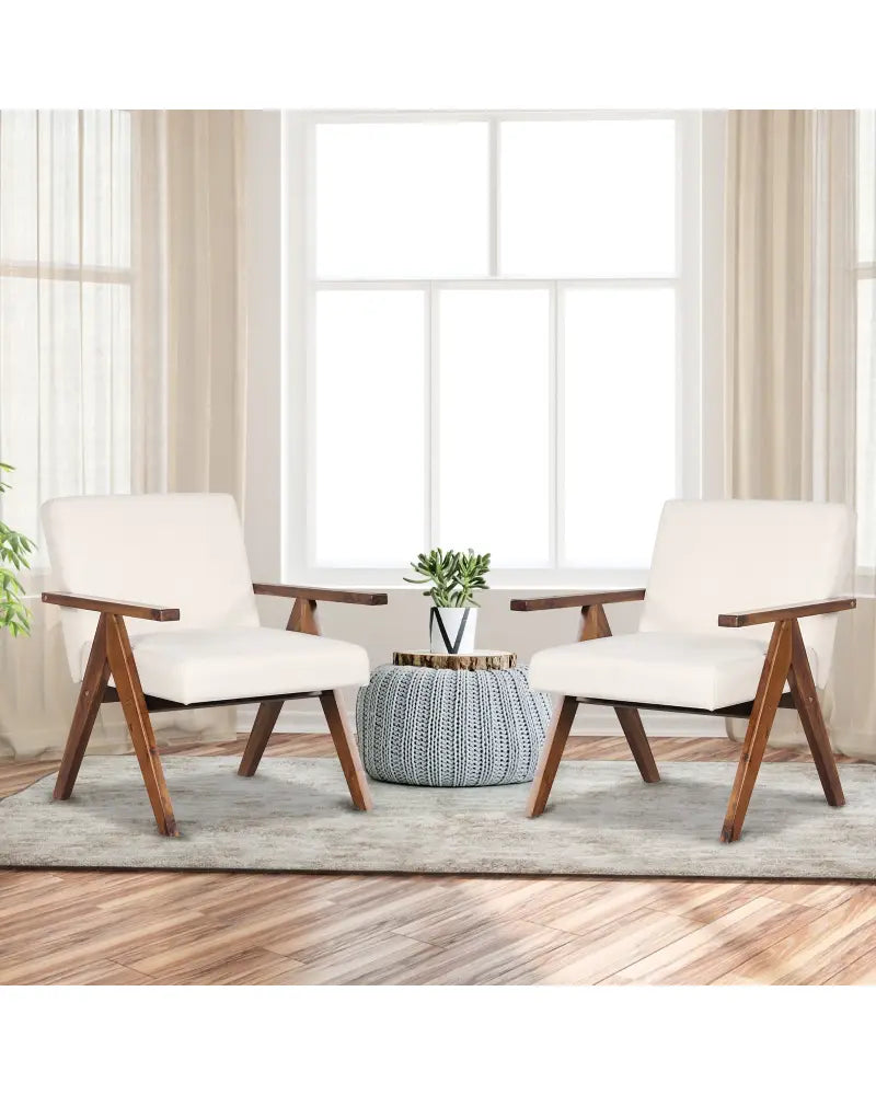 Modern Accent Chair Linen Fabric Armchair with Solid Acacia Wood Frame-Beige - Beige - Accent Chairs