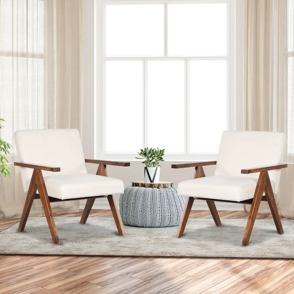 Modern Accent Chair Linen Fabric Armchair with Solid Acacia Wood Frame-Beige - Beige - Accent Chairs