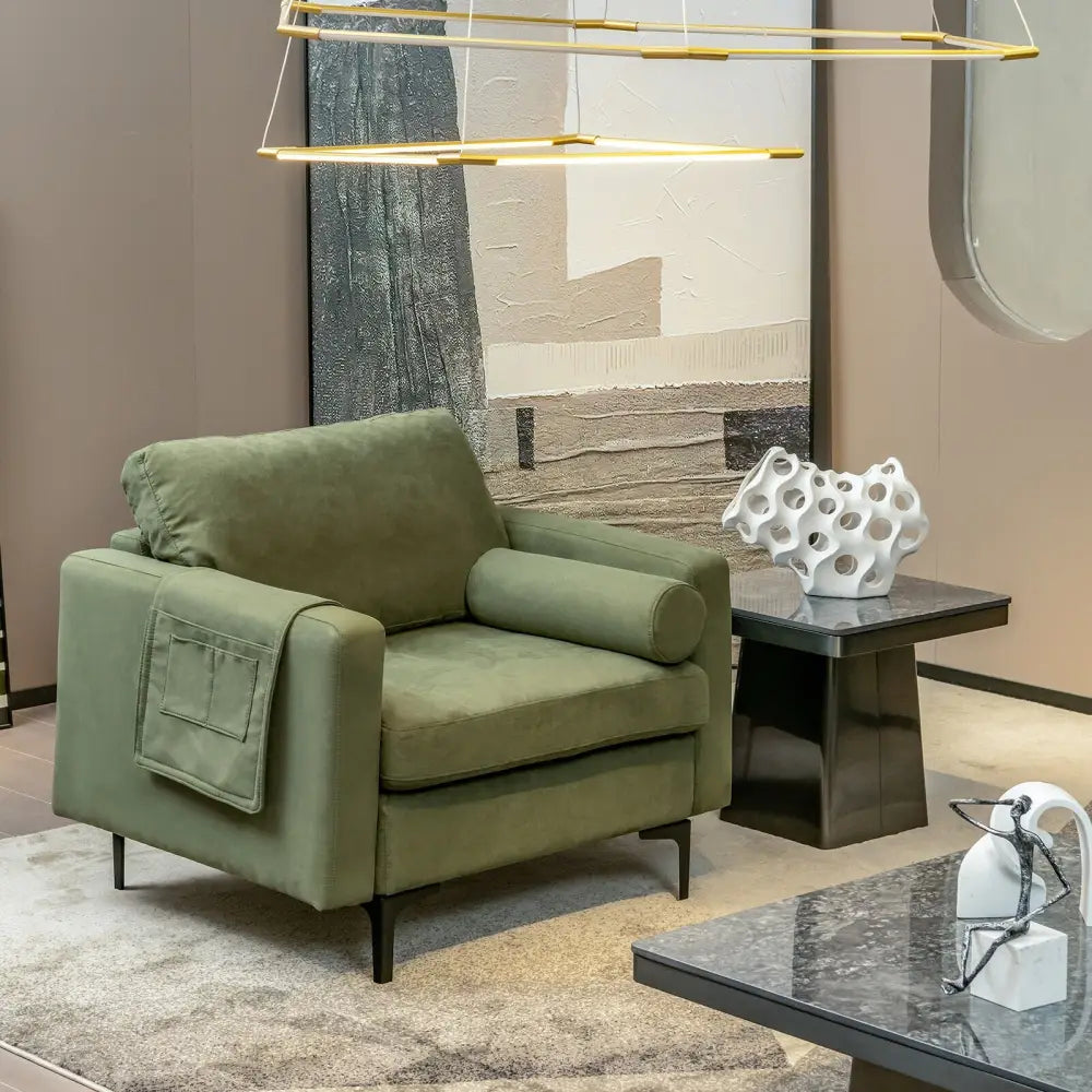Modern Accent Chair with Bolster and Side Storage Pocket-Army Green - Army Green - Accent Chairs