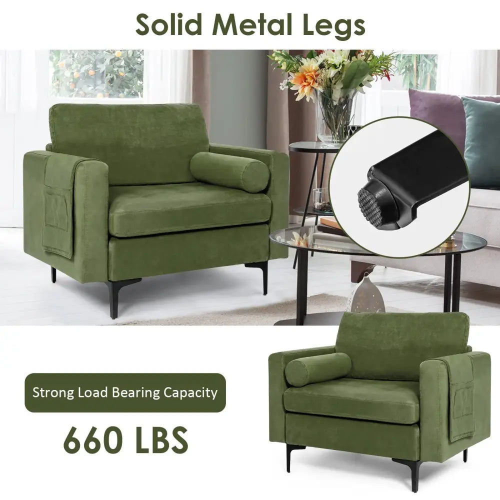 Modern Accent Chair with Bolster and Side Storage Pocket-Army Green - Army Green - Accent Chairs